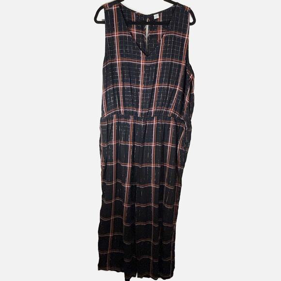 Old Navy XXL Plaid Sleeveless Jumpsuit Black Rust Cinched Waist Pockets FLAW - Picture 3 of 13